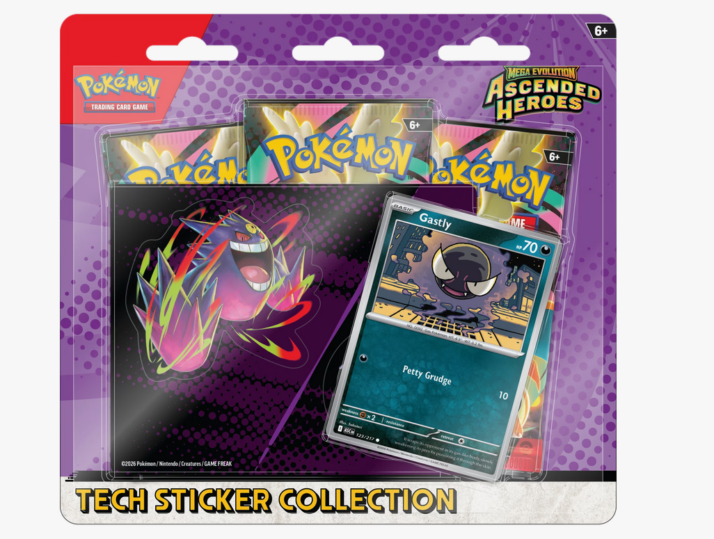 Pokémon Mega Evolution Ascended Heroes Gastly Tech Sticker Collection [3 Booster Packs, Foil Promo Card & Sticker] (